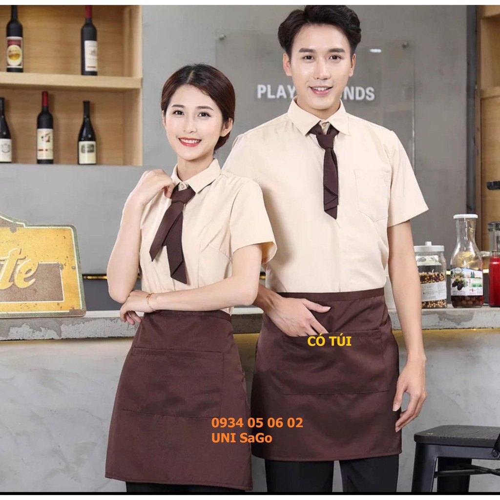 Tạp dề pha chế ngắn có túi màu nâu size nam nữ làm đồng phục nhân viên quán cafe trà sữa