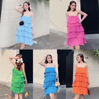 Đầm tầng dập ly 2 dây dáng suông có tang đơ-hình thật.