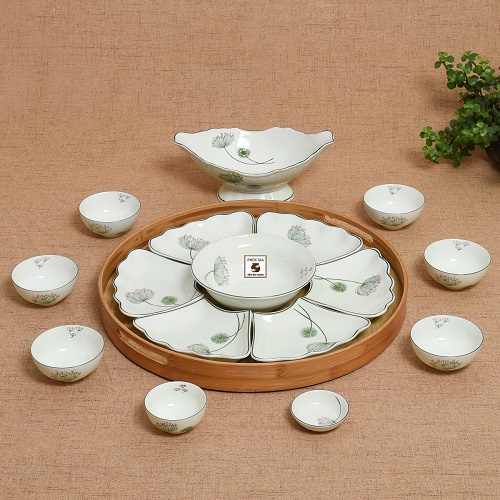 Bộ bát đĩa hoa mặt trời hoạ tiết Bồ công anh Gốm sứ Bát tràng cao cấp, Thuyền ngự gà mai vàng sz chuẩn dk 45cm