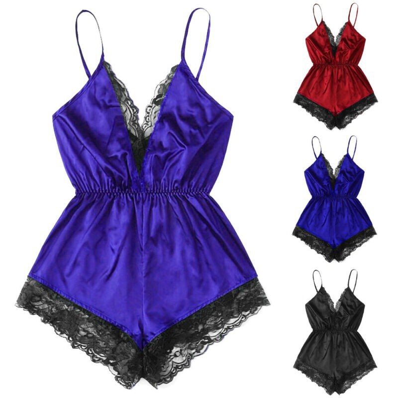 Đồ ngủ liền quần vải satin phối ren hoa thiết kế cổ V quyến rũ