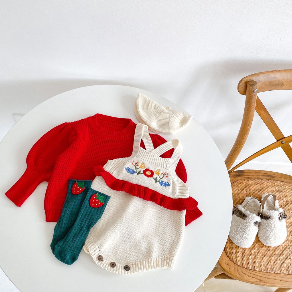 Áo liền quần dệt kim màu đỏ thời trang mùa đông dành cho bé gái