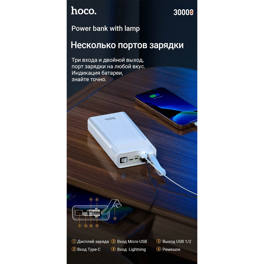 ✅Chính Hãng✅Pin Sạc Dự Phòng 30000 mAh Hoco J73 Tích Hợp Đèn Bàn Đèn Led HIển Thị Kỹ Thuật Số 2 Cổng USB BH 12 Tháng