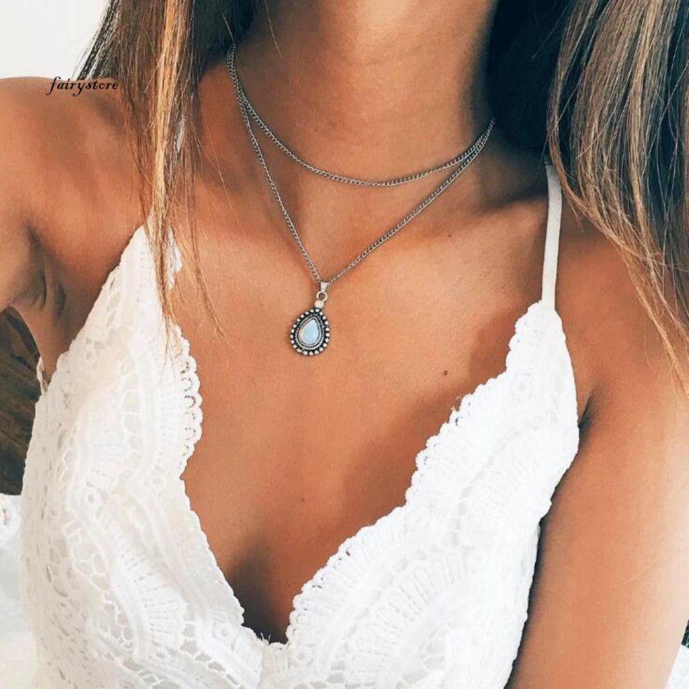 Dây Chuyền   Lớp Mặt Đá Opal Hình Giọt Nước Phong Cách Cổ Điển