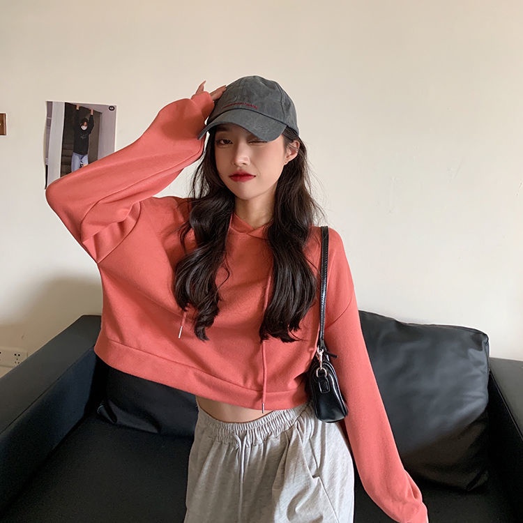 Áo Hoodie Ngắn Mỏng Dáng Rộng Màu Trơn Phong Cách Hàn Quốc Thời Trang Mùa Thu Hàng Mới Dành Cho Bạn Nữ