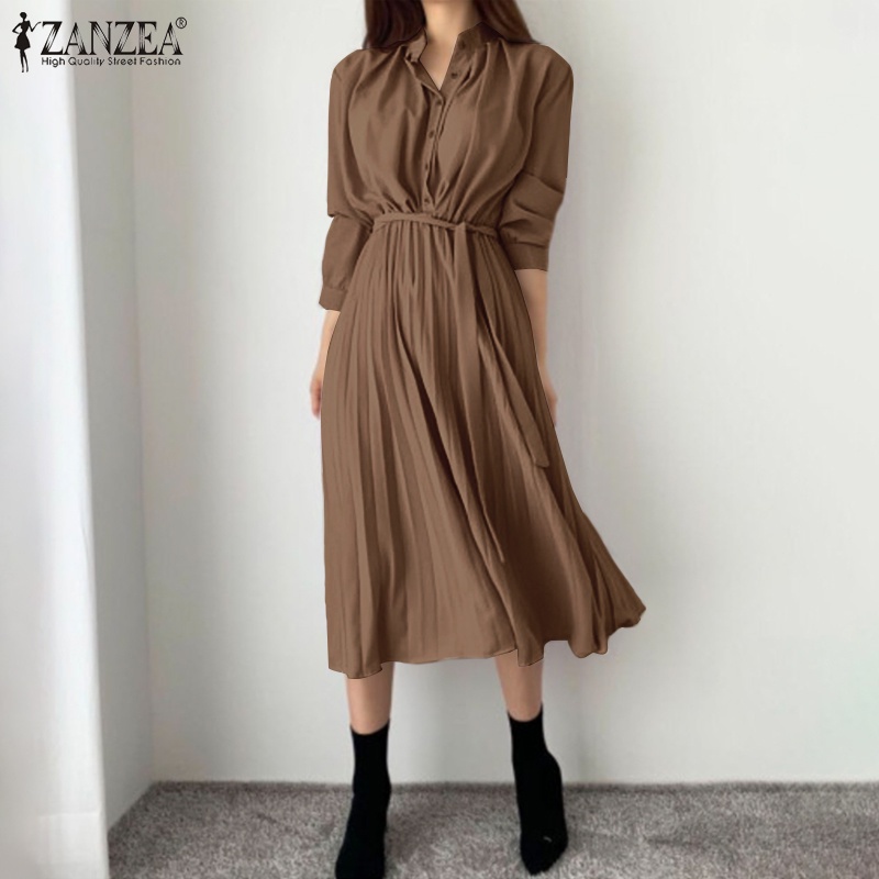 Đầm ZANZEA tay dài xếp ly lưng cao thanh lịch phong cách Hàn Quốc thường ngày dành cho bạn nữ