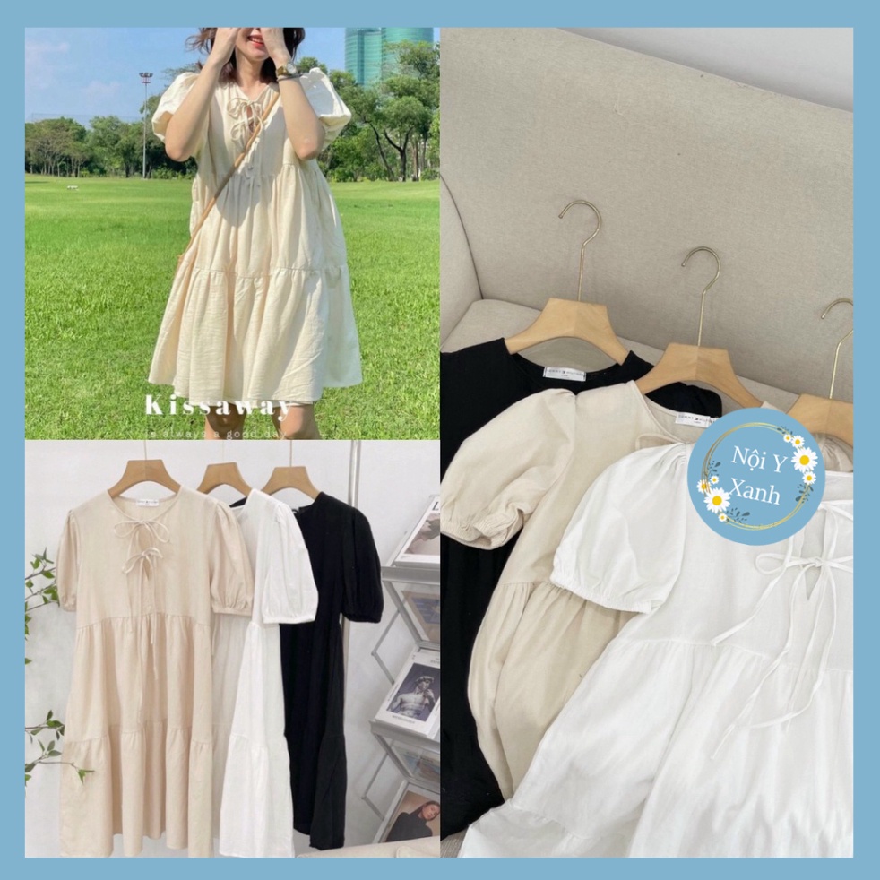Váy xuông babydoll tay bồng nữ đan dây ngựa buộc nơ phong thái korea tươi tắn V104 Nội Y Xanh hàng đẹp trendy