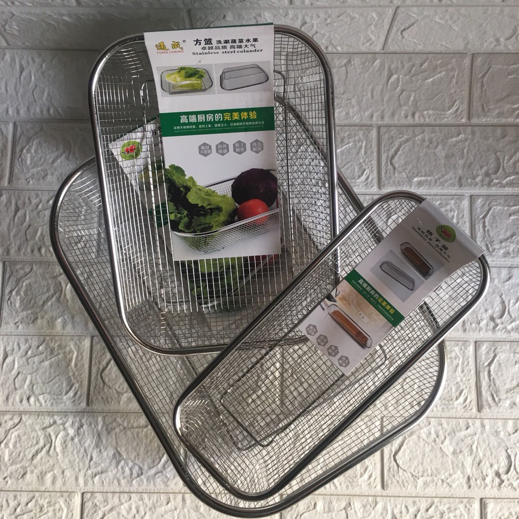 Rổ lưới inox để đồ ăn, rau củ nhanh ráo nước KT: 29x21cm và 30x10cm