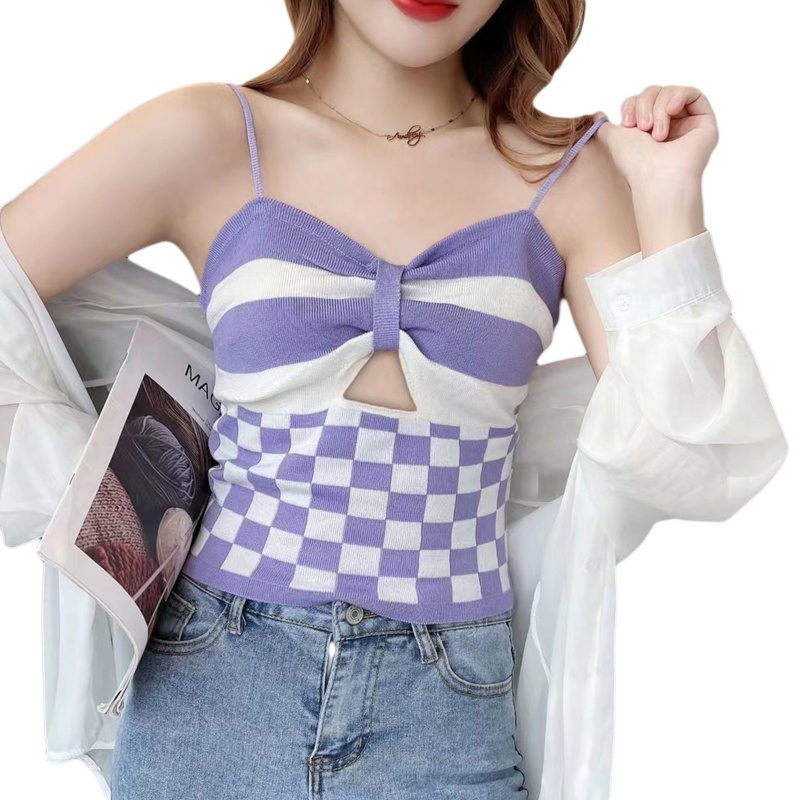 Áo Croptop Hai Dây Dệt Kim Cổ Chữ V Thắt Nút Trước Họa Tiết Kẻ Sọc Thời Trang Mùa Hè Quyến Rũ Cho Nữ