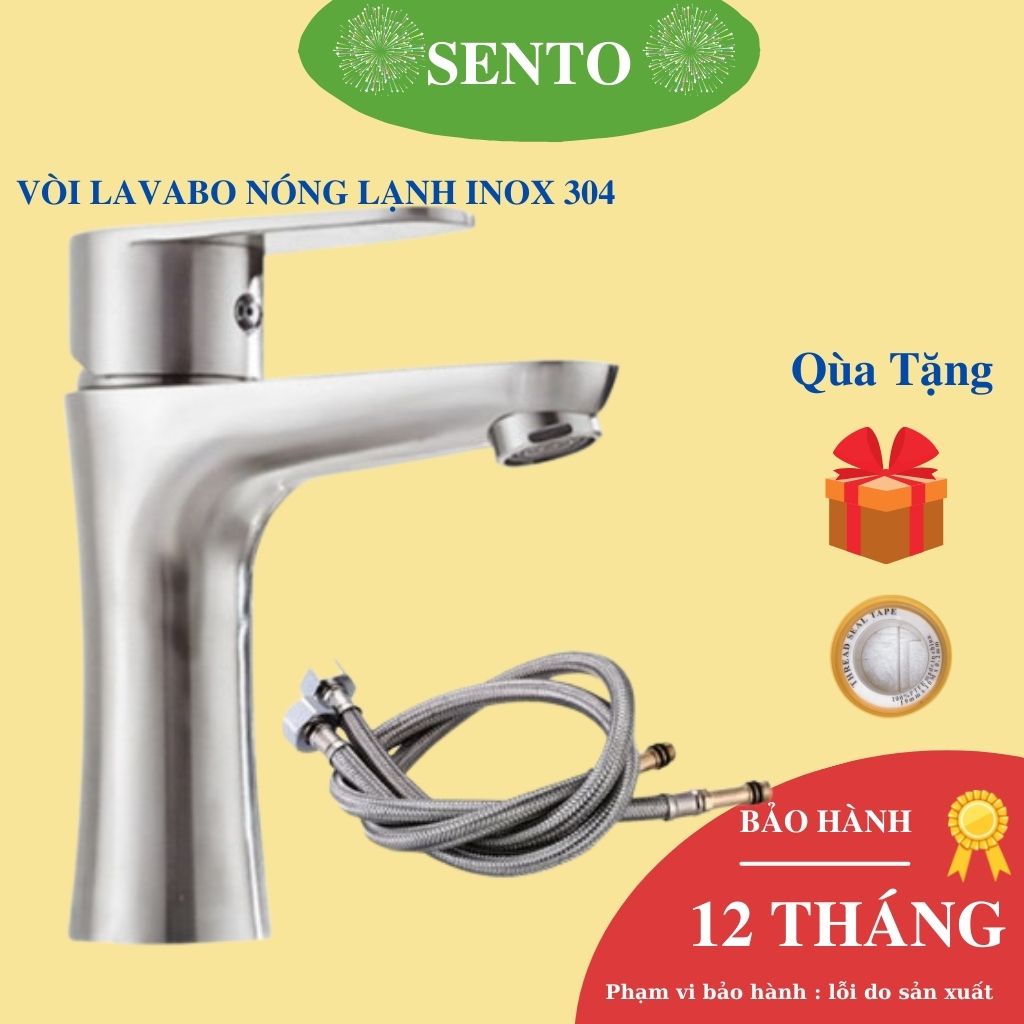 Vòi Rửa Mặt Lavabo SENTO 2 Chiều Nóng Lạnh Inox 304 Tặng Cặp Dây Cấp Nước Inox