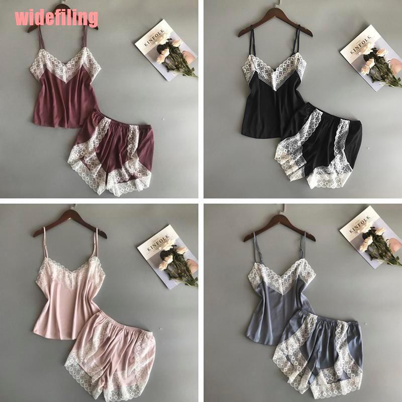 Bộ Đồ Ngủ 2 Dây Vải Lụa Viền Ren Quyến Rũ Cho Nữ