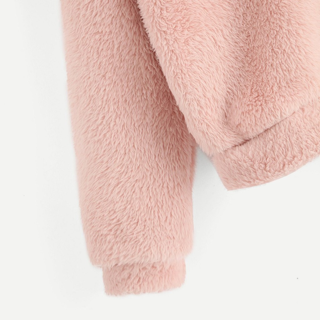 Áo hoodie lông cừu tay dài thiết kế mũ trùm hình tai gấu đáng yêu