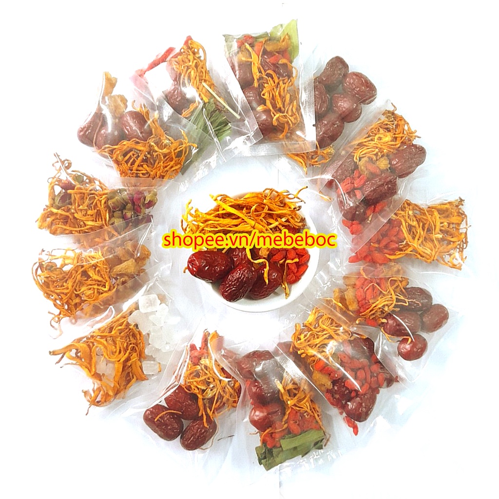 Nấm đông trùng hạ thảo gói nhỏ mix kỷ tử long nhãn táo đỏ hoa hồng đường phèn lá nếp để pha trà, chưng yến, ngâm rượu