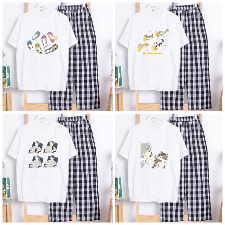 Sét Bộ Đồ Quần Ống Rộng Kẻ Caro+Áo Phông Trắng Nữ Không Xù, Không Phai Màu Mặc Ở Nhà Đi Chơi In Họa Tiết 3D Chú Mèo Cute