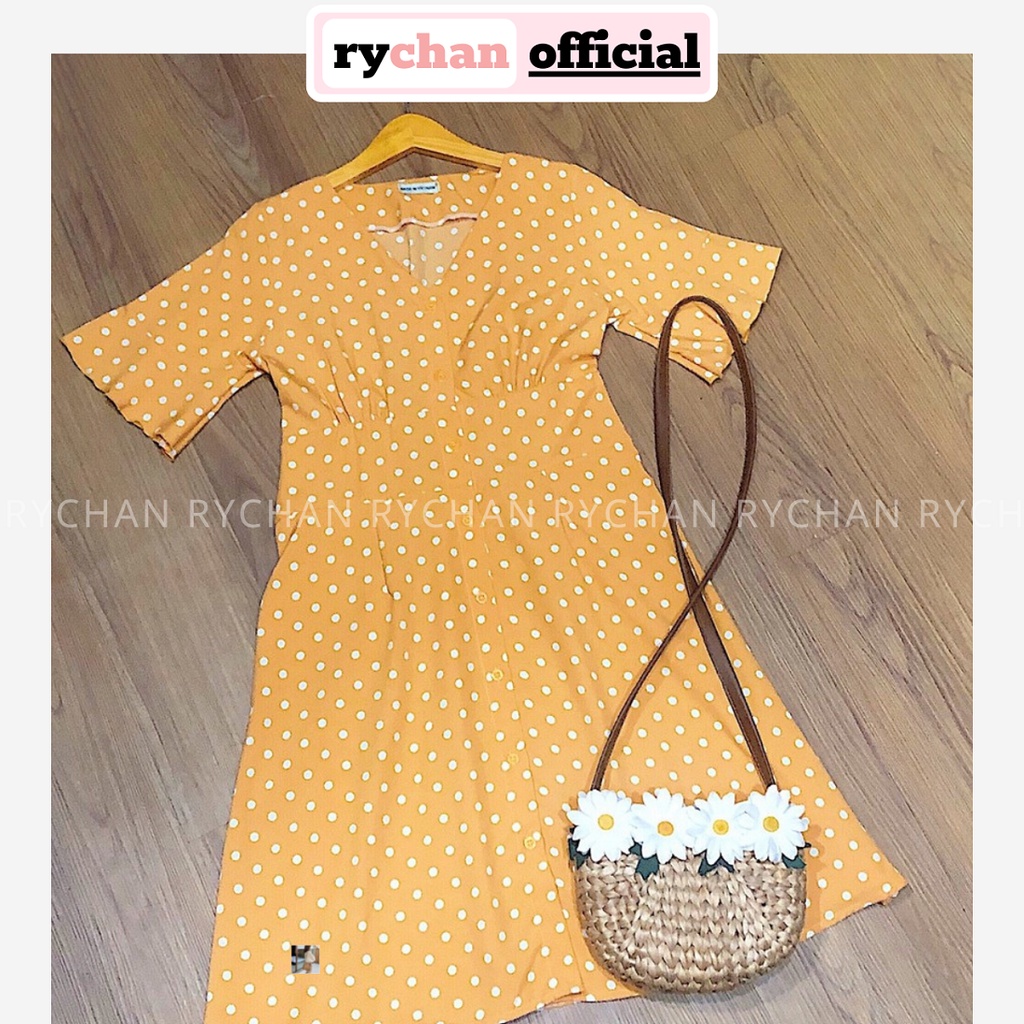 [ẢNH THẬT CUỐI] Đầm Xoè Chấm Bi Vàng Cổ Tim Nhún Eo - DX049