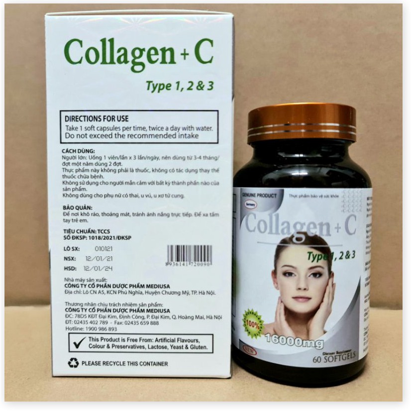Collagen+C 16000mg đẹp da, chống lão hóa, mờ thâm, trắng da Hộp 60 viên