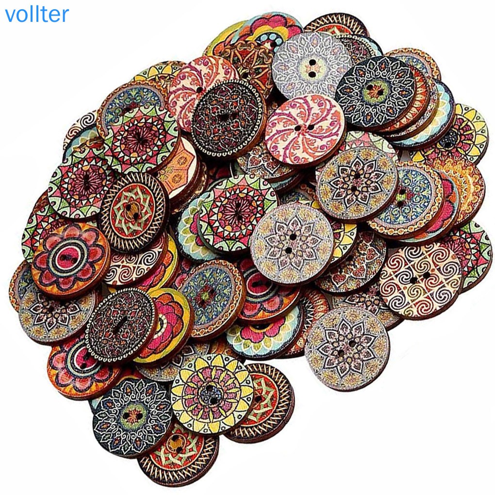 Set 100 nút gỗ DIY hình bông hoa cổ điển