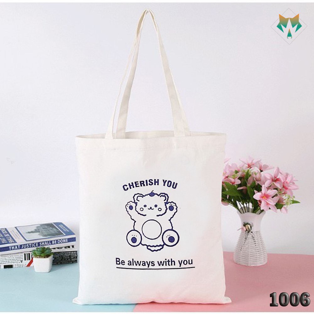 Túi Đeo Vai Tote Trắng Vải Canvas 1006 460 Gấu Cherish You Thời Trang Mùa Hè Siêu Hot