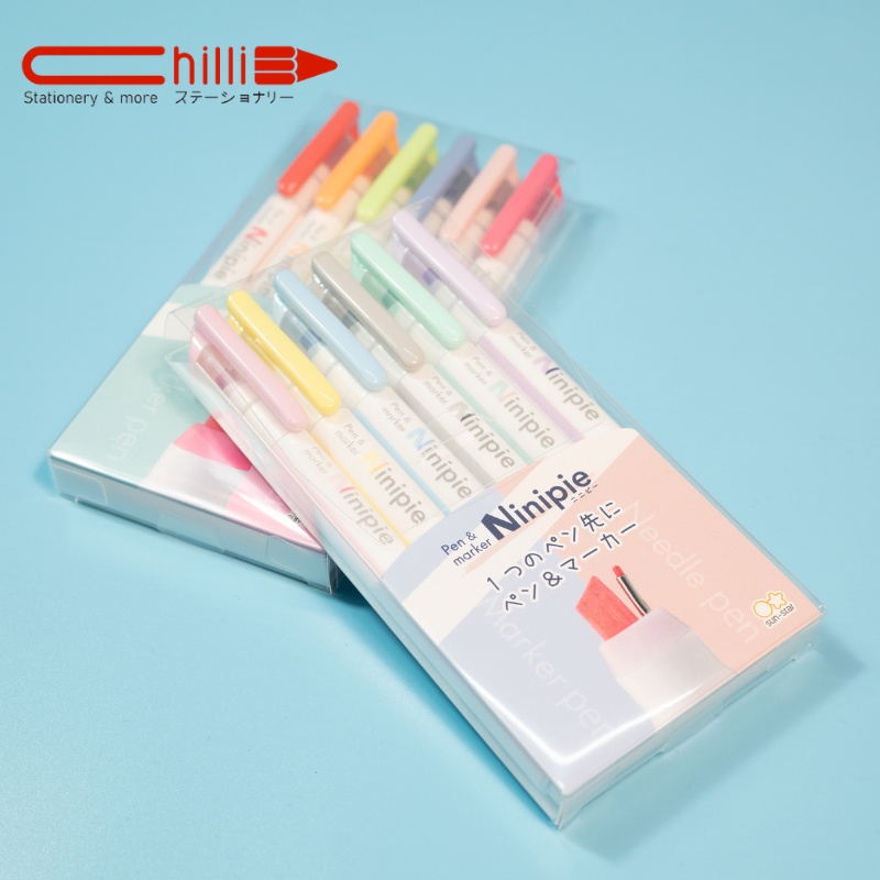 Set Bút Ninipie 2 Ngòi Bút Viết + Bút Đánh Dấu Highlight 2 Màu Pastel Siêu Xinh Combo 3,6