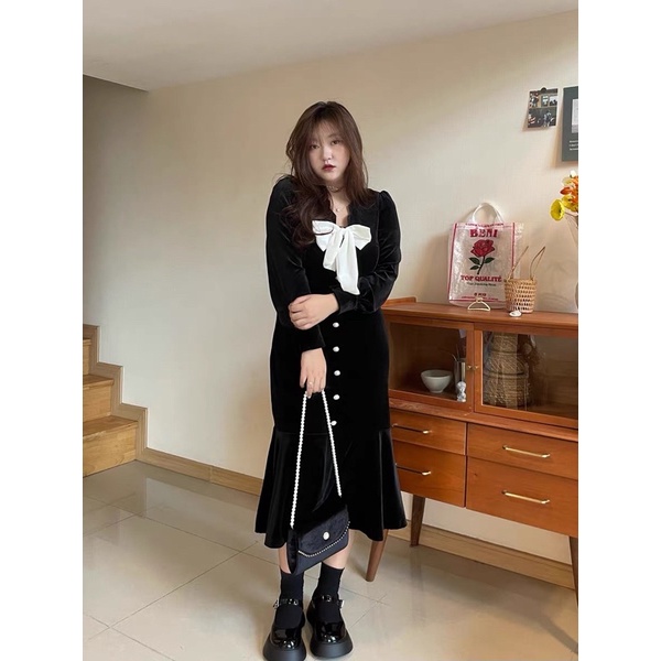 Váy Nhung Đuôi Cá Khuy Ngọc Tiểu Thư Hàng QC ảnh thật cận chất Kaylee | BigBuy360 - bigbuy360.vn