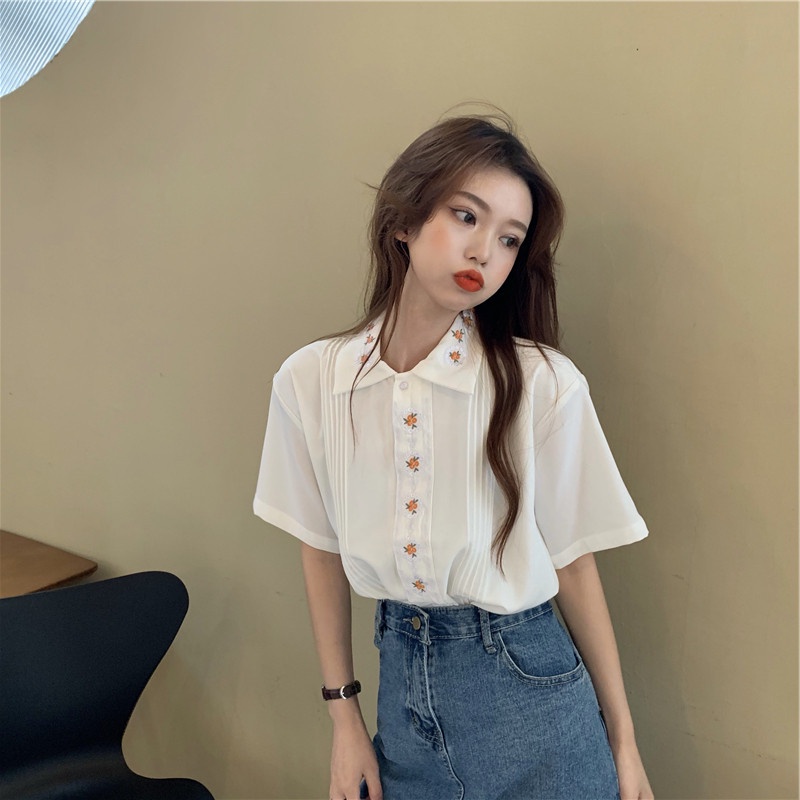 「 WELOVE1 」Áo Sơ Mi Ngắn Tay Thêu Hoa Thời Trang Cho Nữ