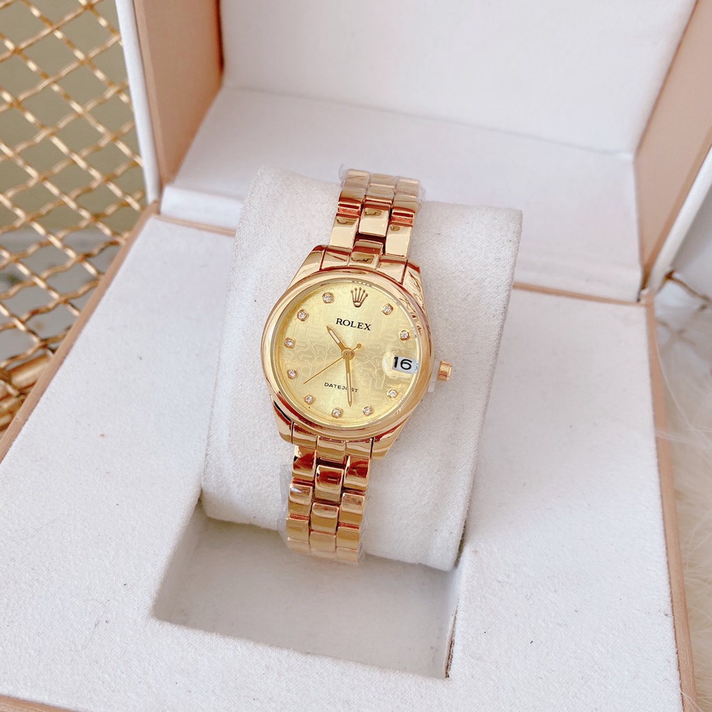 Đồng hồ nữ đẹp Rolex đẹp thời trang mẫu dây kim loại đính đá viền cao cấp chống nước bảo hành 12 tháng