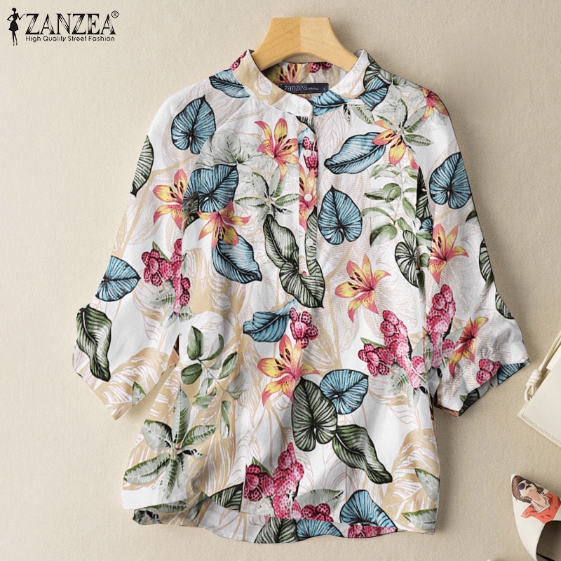 Áo kiểu ZANZEA cổ đứng in họa tiết cây lá nhiệt đới phong cách retro thời trang dành cho nữ