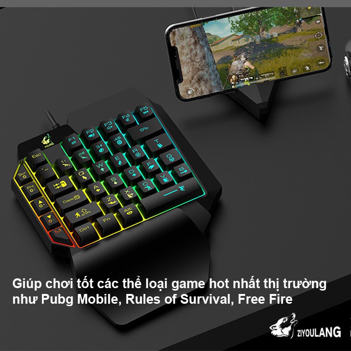 Bàn phím giả cơ FREE WOLF K15 chơi game Pubg,Rules of Survival,Free Fire trên đt,máy tính bảng,Laptop và PC - VL