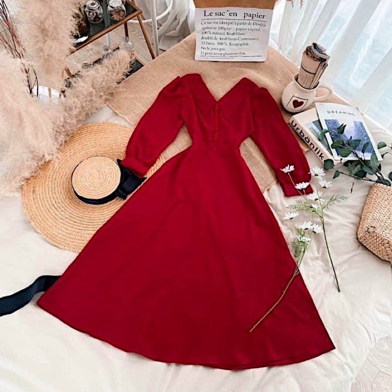Đầm Suông Đỏ Cổ Vest (kèm hình thật)