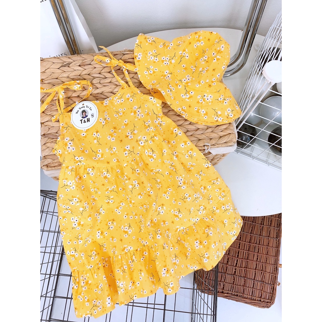 Váy 2 dây bé gái thô hoa nhí kèm mũ đội size đại 14-26kg XHN1010