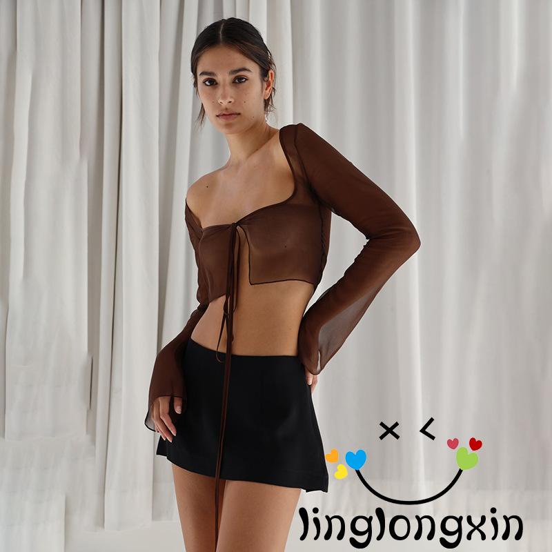 Áo Thun Lưới Dài Tay Màu Trơn Phối 2 Dây Cột Thời Trang Cho Nữ