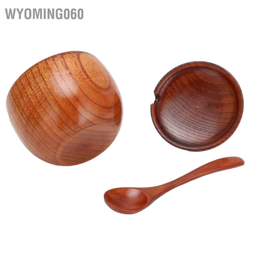 Wyoming060 Wood Spice Pot Sugar Bowl Salt Pepper Seasoning Box with Spoon and Lid Kit