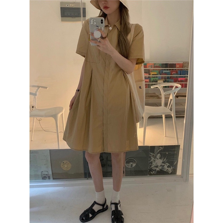 [Ảnh thật/Sẵn] Đầm - Váy sơ mi túi ngực xếp li eo dáng chữ A