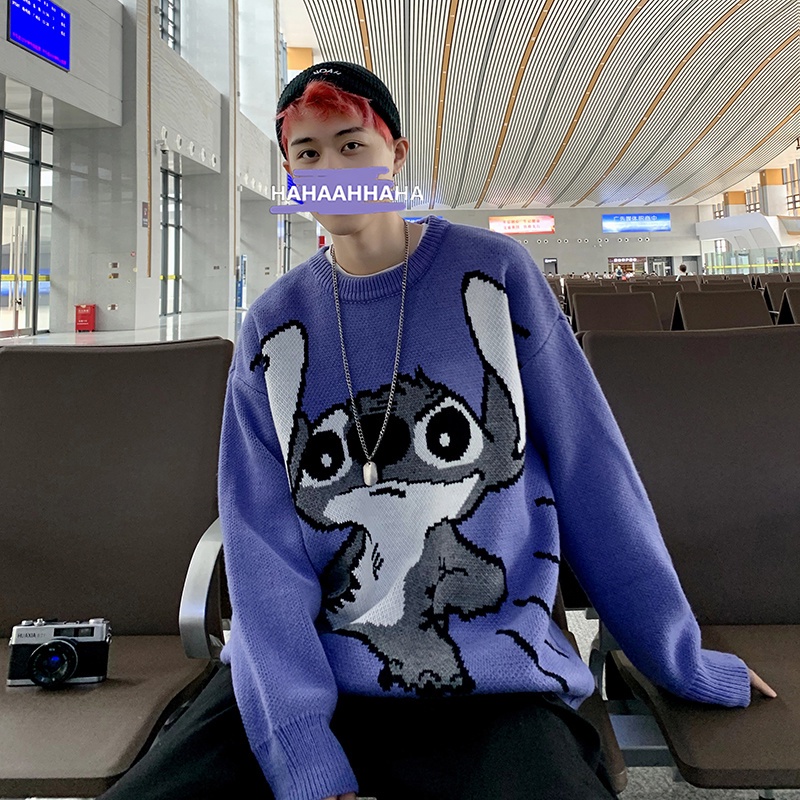 ✦ AFFLIGA ✦Áo sweater cổ tròn dáng rộng màu trơn in hoạt hình Stitch kiểu Nhật Hàn thời trang mùa đông cho nam