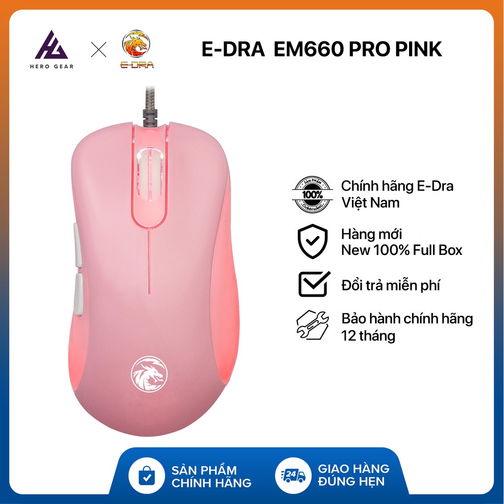 Chuột gaming E-DRA EM660 FPS Pro Pink - Chống nước - 16000 DPI - LED RGB - Bảo hành 24 tháng