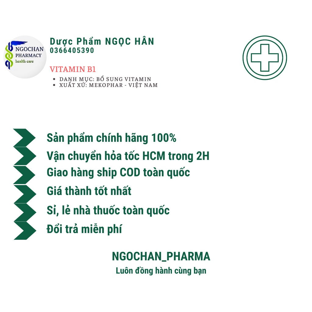 Vitamin B1 50mg| Viên Uống Màu Xanh| Dưỡng Da, Giảm Rụng Tóc| Mekofar