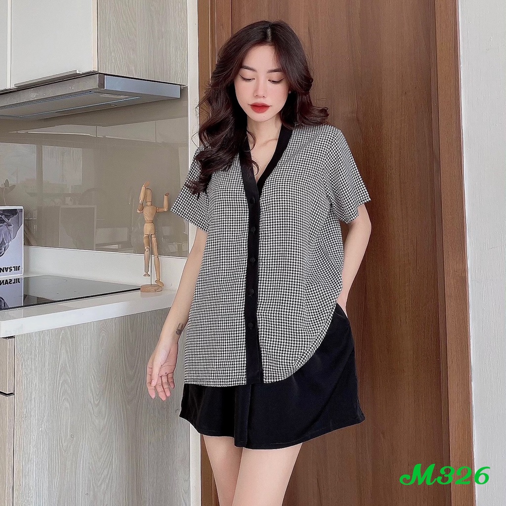 Bộ đồ ngủ pijama lụa Mango cao cấp quần đùi tay cộc cổ tim size M(50-70kg) L(70-90kg) đen M326DU