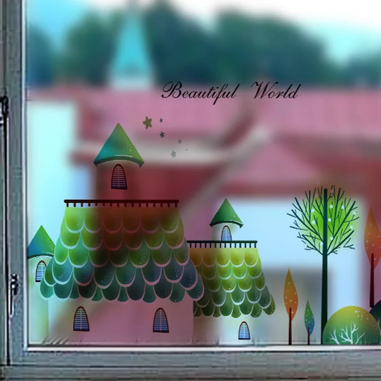 Decal trang trí kính cao cấp mẫu Ngôi Nhà Xanh lá (60cm x 58cm)