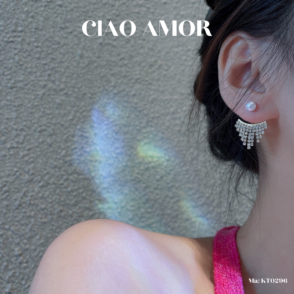 Khuyên tai nữ, Bông tai nữ bạc 925 nụ ngọc viền thả đính ngọc quý phái Trang sức Ciao Amor - KT0296