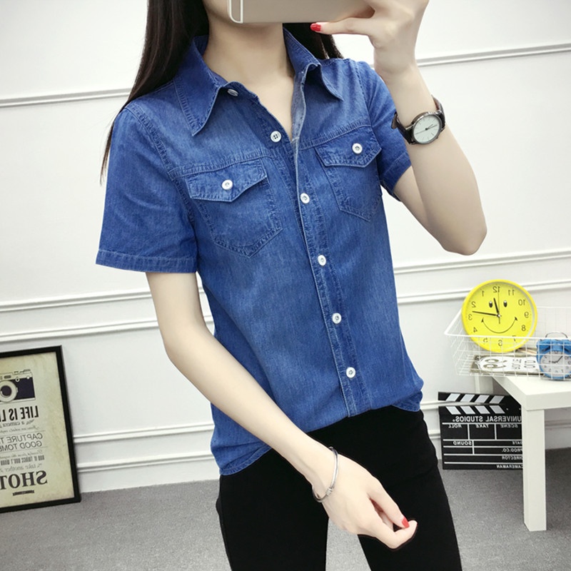 Áo Sơ Mi Denim Tay Ngắn Dáng Ôm Thời Trang Mùa Hè Mới Năm 2021 Cho Nữ