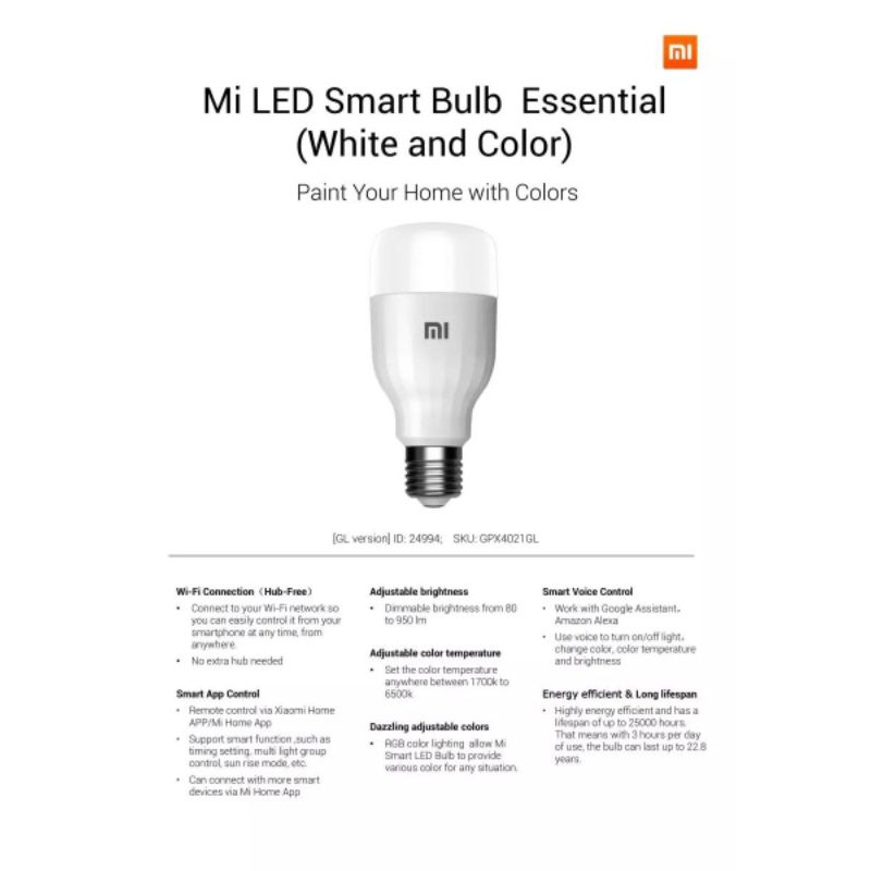 Bóng đèn thông minh Xiaomi Mi Smart LED Bulb Essential - Điều khiển bằng giọng nói