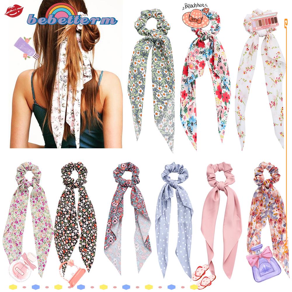 Bebetterm 1Pc Fashion Floral Print Chiffon Scrunchies Hair Accessories Boho Ponytail Scarf