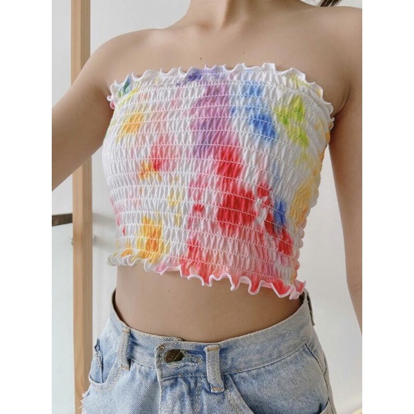 Áo ống croptop viền bèo Nhún Thân in màu loang đa sắc đơn sắc - Mã:484 TV - Fashion