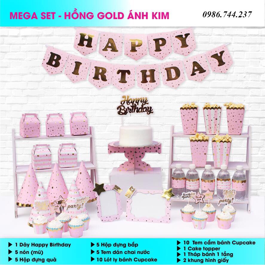 Set Để Bàn Sinh Nhật Hồng Gold Ánh Kim