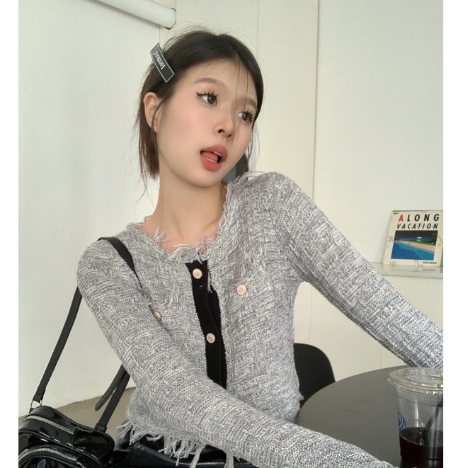QKOOLE Áo khoác dệt kim tay dài cổ tròn phong cách Hàn Quốc cho nữ
