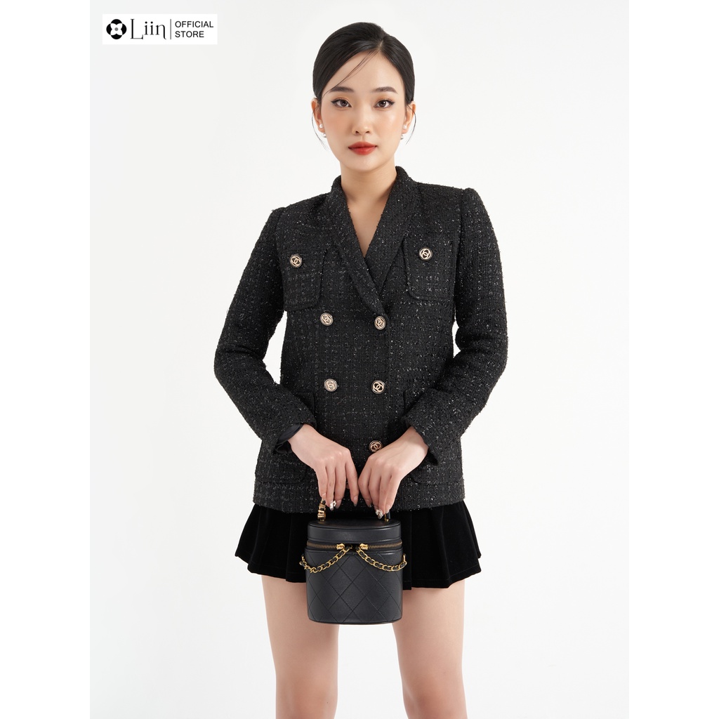 Áo vest dạ tweed màu đen dày dặn, kiểu dáng sang trọng, hiện đại Liin Clothing V5365
