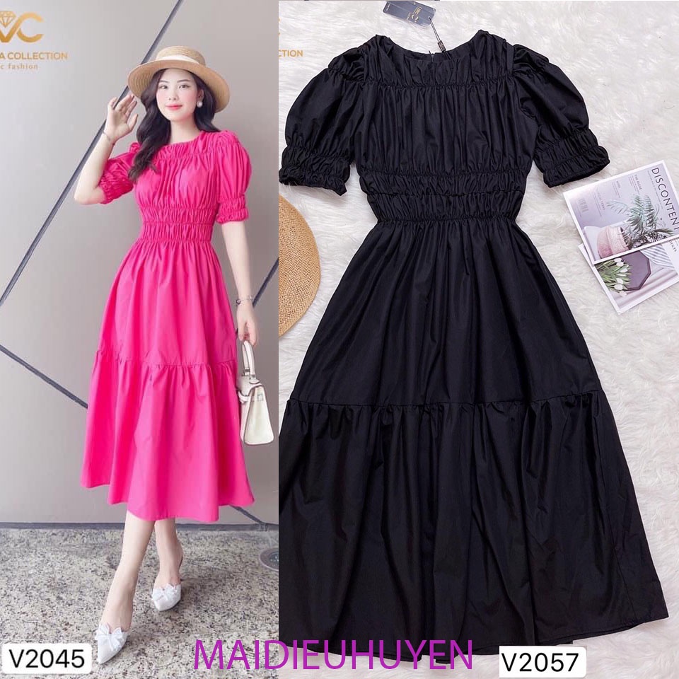 Váy xòe Hồng Tiểu Thư Vải Nhăn Tay Lỡ DVC-maidieuhuyen MH V2045 hồng, V2057 váy đen