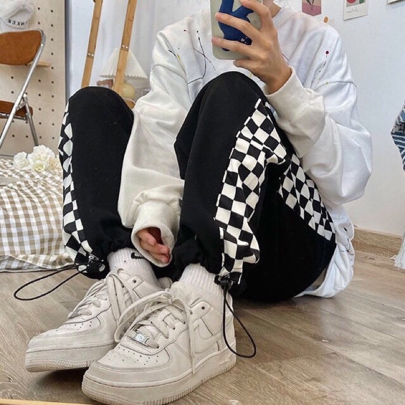 Quần thể thao nỉ jogger phối sọc caro có dây bo gấu (annstore)
