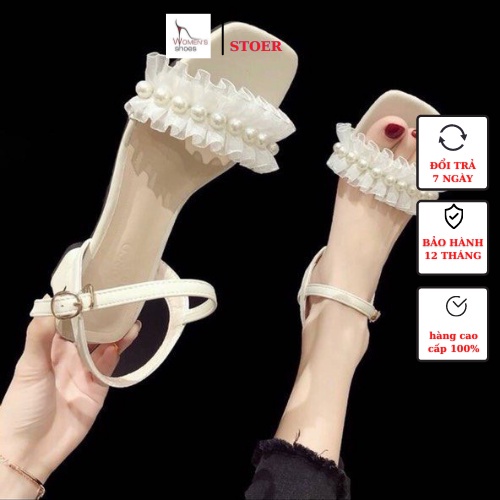 Giầy sandal Nữ quai ngang ren đính hàng ngọc cao cấp, Gót vuông mũi vuông cao 4 phân, 2 màu đen trắng_Tienhoa_Vy - Hàng