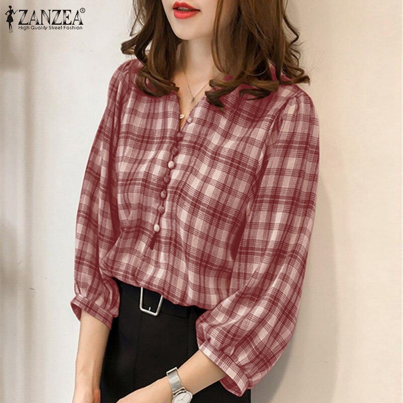 Áo sơ mi ZANZEA cổ chữ v tay 3/4 họa tiết caro dáng rộng cài nút thời trang cho nữ
