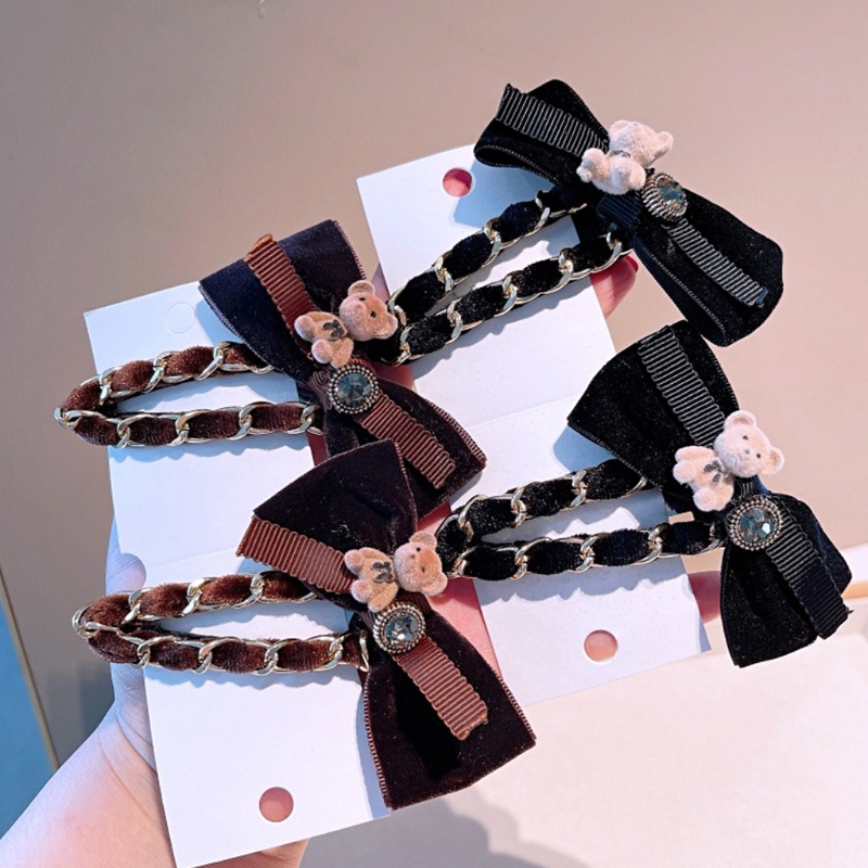 Kẹp Tóc Hình Gấu Phối Chuỗi Xích Bằng Nhung Handmade Chống Trượt Thời Trang